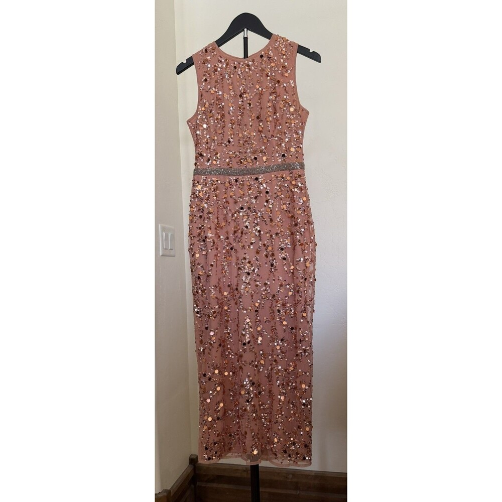 Mac Duggal Rose Gold Sequin Sleeveless Mesh Sheath Midi Dress Zip Size 4